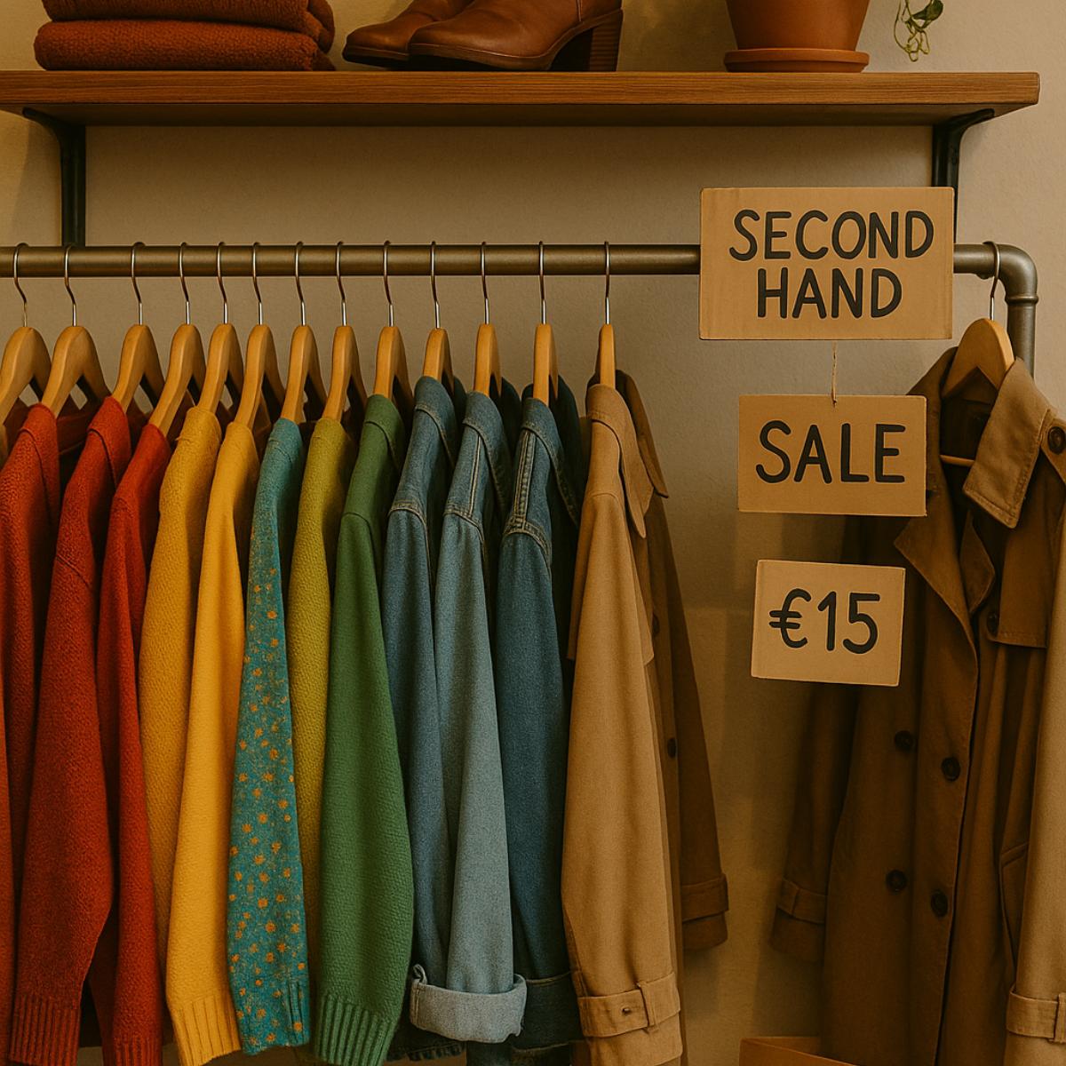 scaffale colorato pieno di abiti di seconda mano
