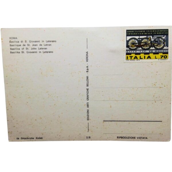 cartolina roma fine anni '70 rappresentante Basilica di S.Giovanni in Laterano non viaggiata con francobollo L.70 del 1975 non annullato. Retro