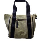 Borsa shopping Laura Biagiotti Serie Gold vintage beige e nera con logo dorato. Fronte