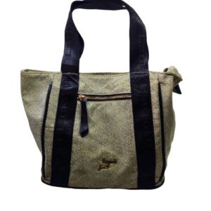 Borsa shopping Laura Biagiotti Serie Gold vintage beige e nera con logo dorato. Fronte