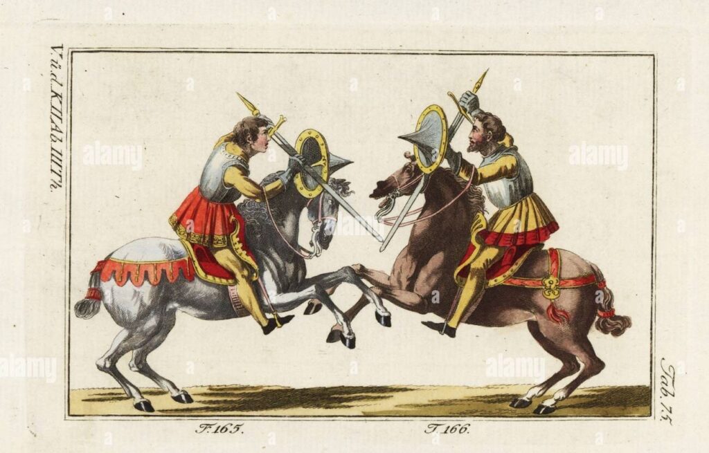 Due cavallieri a cavallo combattono duello