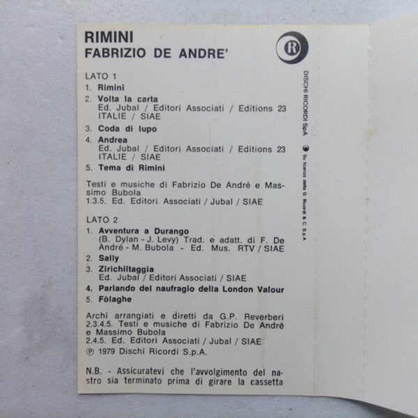 Musicassetta rimini Fabrizio de andrè 1978 orizzonti copertina interna lato canzoni Track list