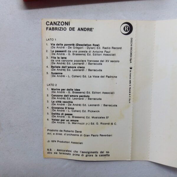 Musicassetta canzoni fabrizio de andrè 1974 ricordi copertina interna lato canzoni - track list
