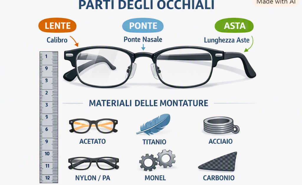 Illustrazione tecnica delle parti degli occhiali
