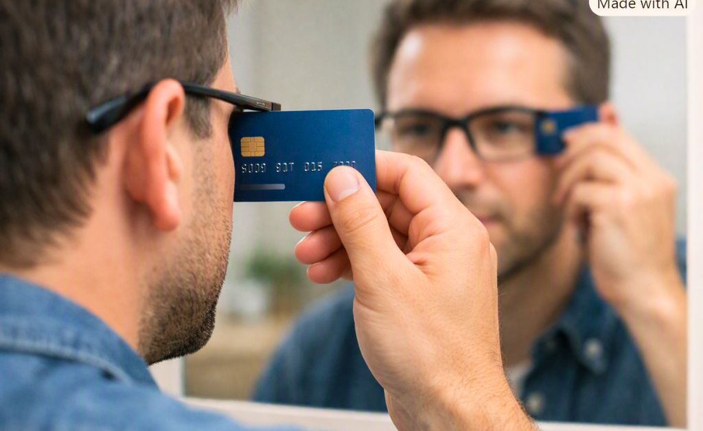 Persona che usa crta di credito per misurare la taglia occhiali